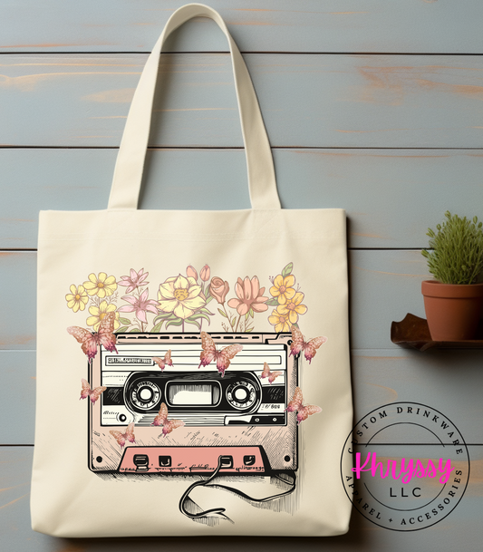Retro Vibes & Butterflies Cassette Tape Canvas Tote Bag