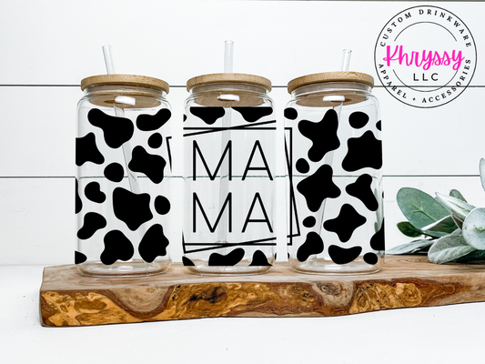MAMA Cow Print 16oz Libbey Glass Cup with Straw: Stylish Sip for Super Moms!