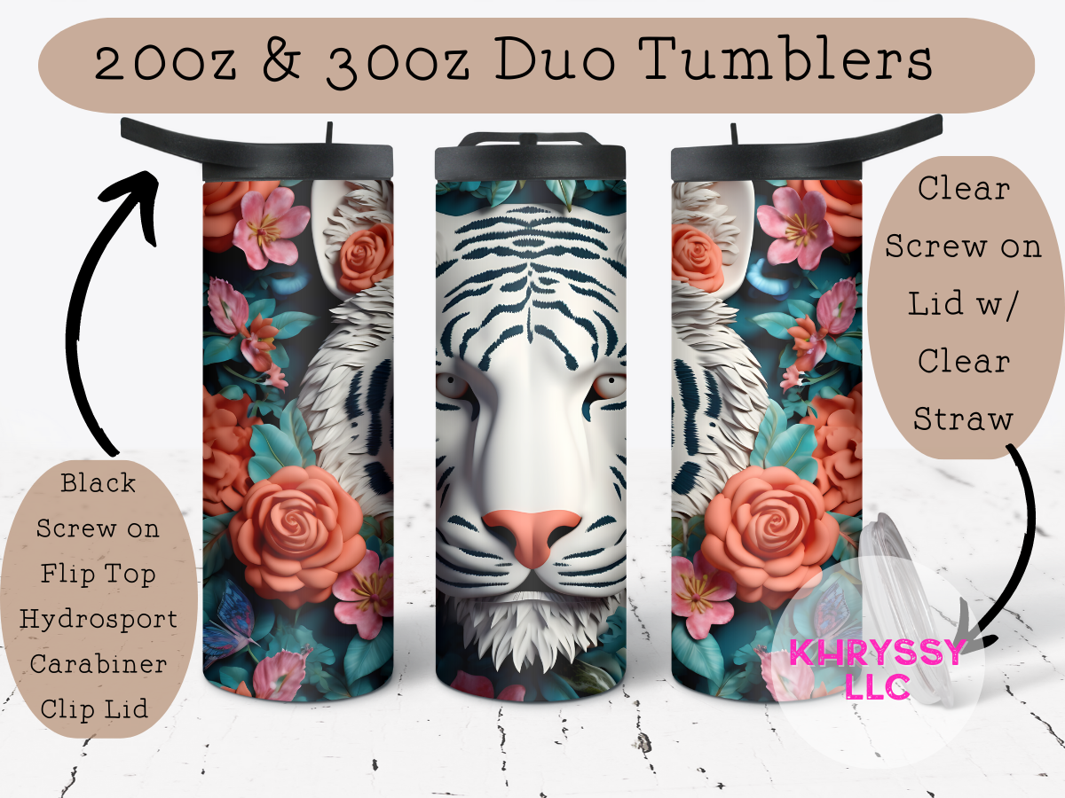 3D 20oz Tiger Tumbler with Straw