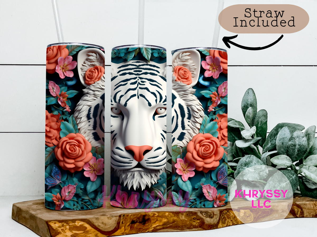 3D 20oz Tiger Tumbler with Straw