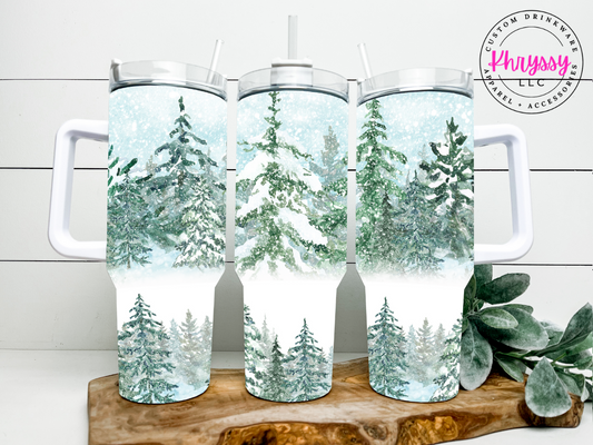 Snowcapped Fern Trees Winter Scene 40oz Tumbler with Metal Straw