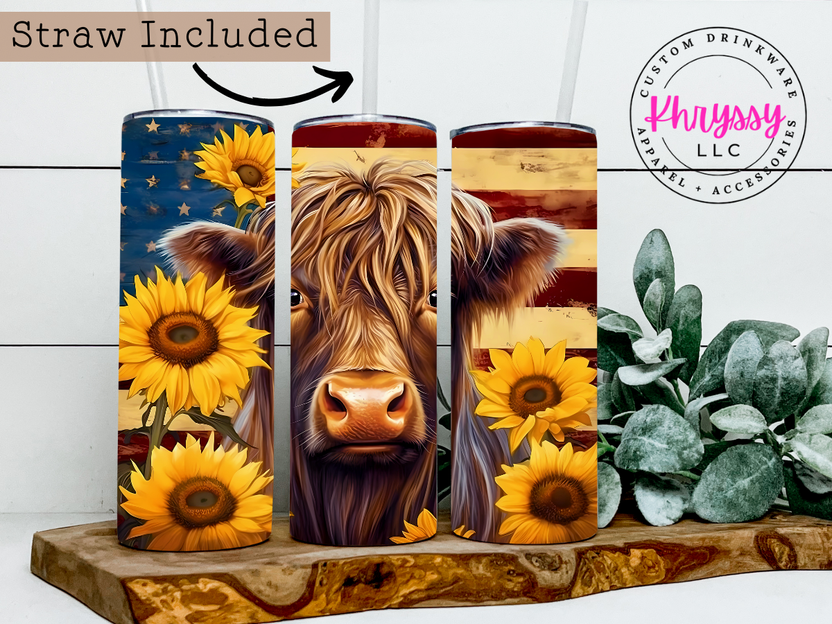 Highland Cow and Sunflowers 20oz Tumbler with Straw