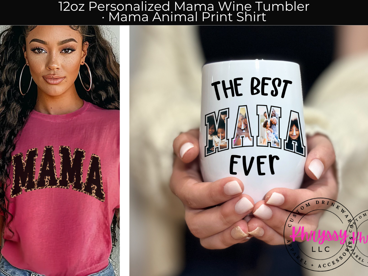 Personalized Mama Leopard Print Gift Set - 12oz Mama Wine Tumbler and Comfort Colors Shirt for the Stylish Mom!