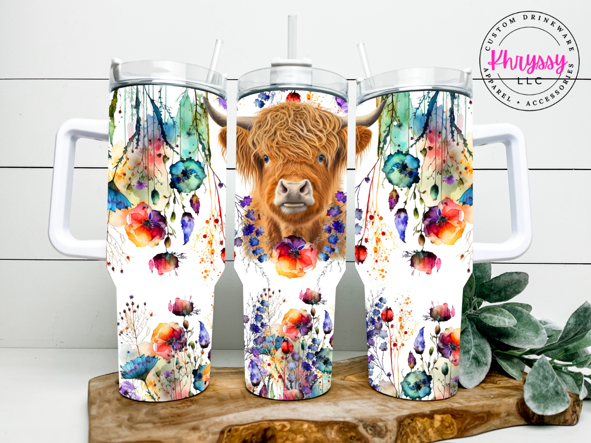 Highland Cow Wildflower 40oz Tumbler with Metal Straw