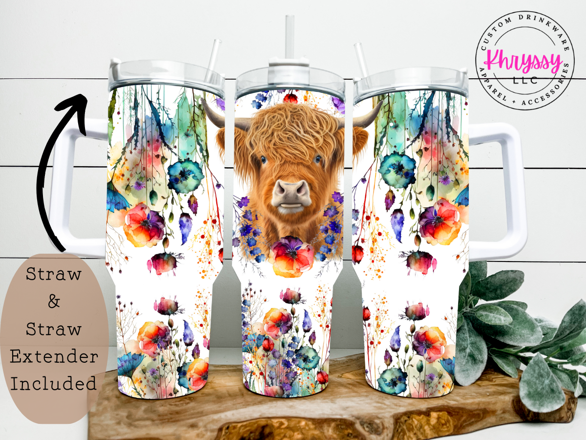 Highland Cow Wildflower 40oz Tumbler with Metal Straw