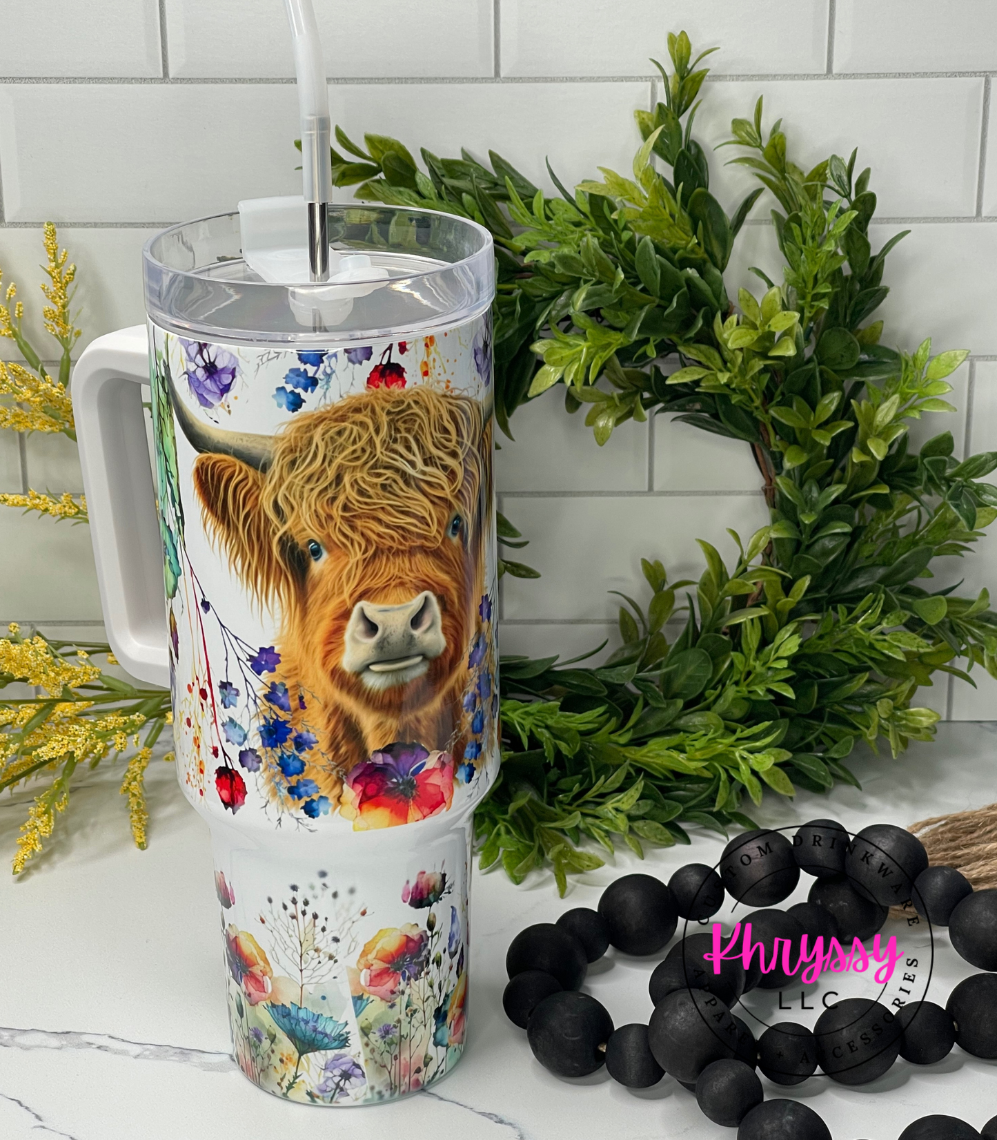 Highland Cow Wildflower 40oz Tumbler with Metal Straw