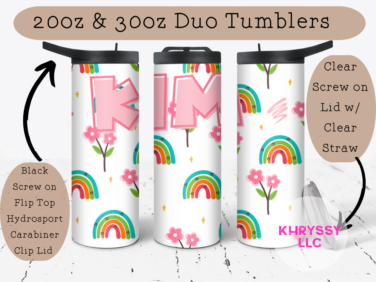 Pastel Dreams: Personalized Rainbow Tumbler with Delicate Rainbows and Beautiful Flowers
