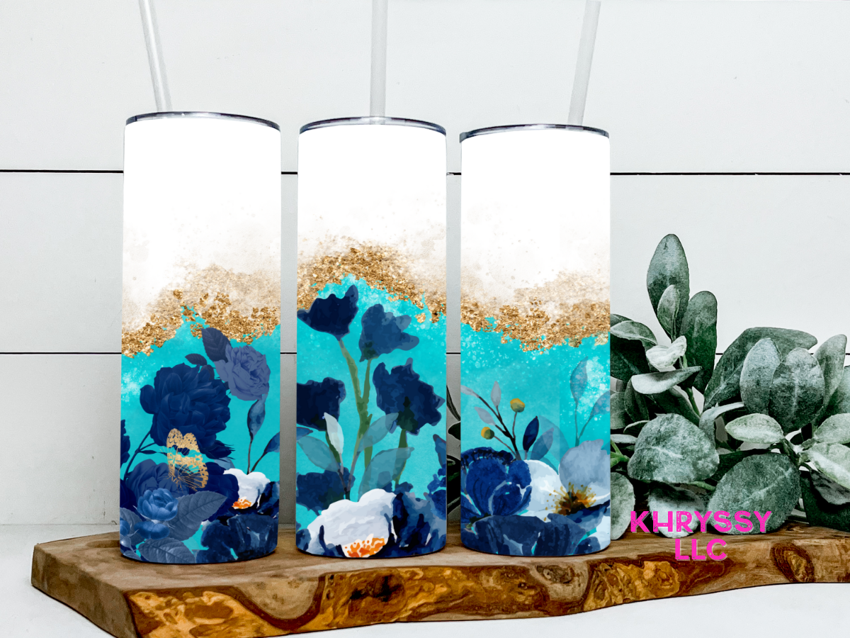 Enchanting Blooms: Aqua and Blue Faux Glitter Floral Tumbler