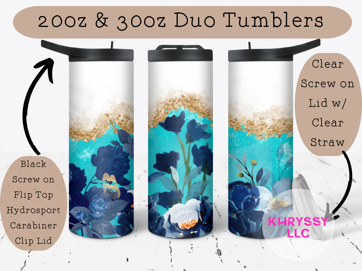 Enchanting Blooms: Aqua and Blue Faux Glitter Floral Tumbler